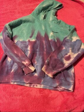 Tie-Dye Cowl & Turtleneck Pullover Hoodie - Green & Purple - Unbranded